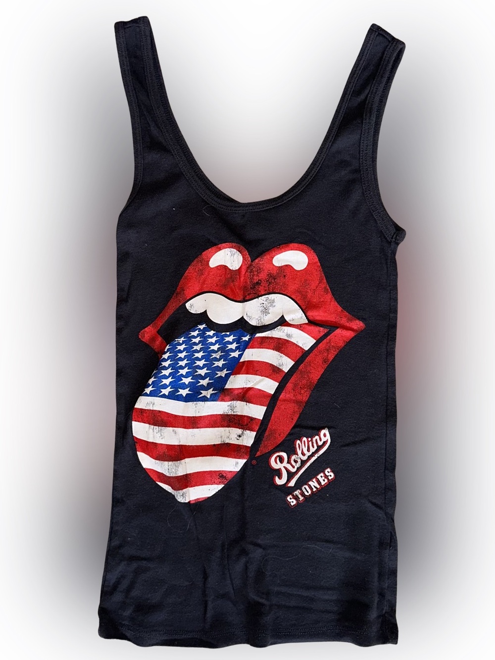 Bravado Rolling Stones Black Tank Top with Red Lips and American Flag Tongue